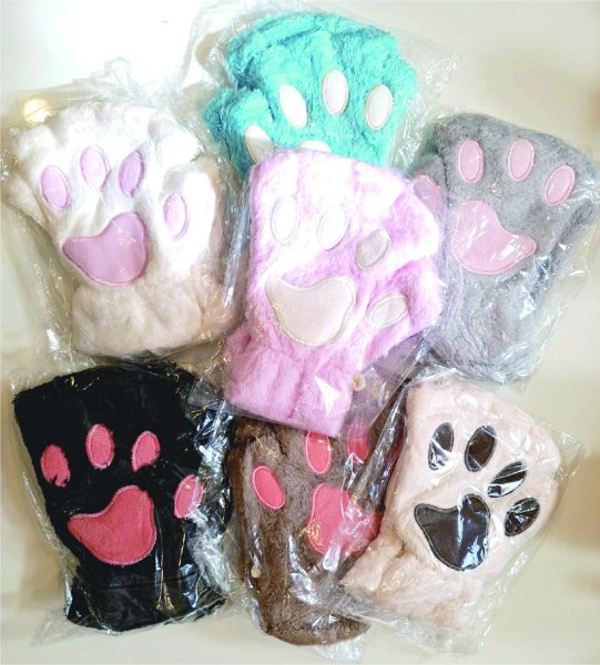 画像1: 指だしもふもふ肉球手袋 (1)